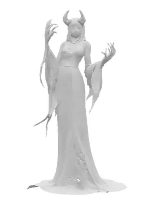 3D model for fantasy female silhouette ghost monster, graceful slender body, long bony hands ending in claws, dressed in elegant silhouette robe, detailed scary face, in attack, extremely detailed, high resolution texture, hyper-realistic, epic picture