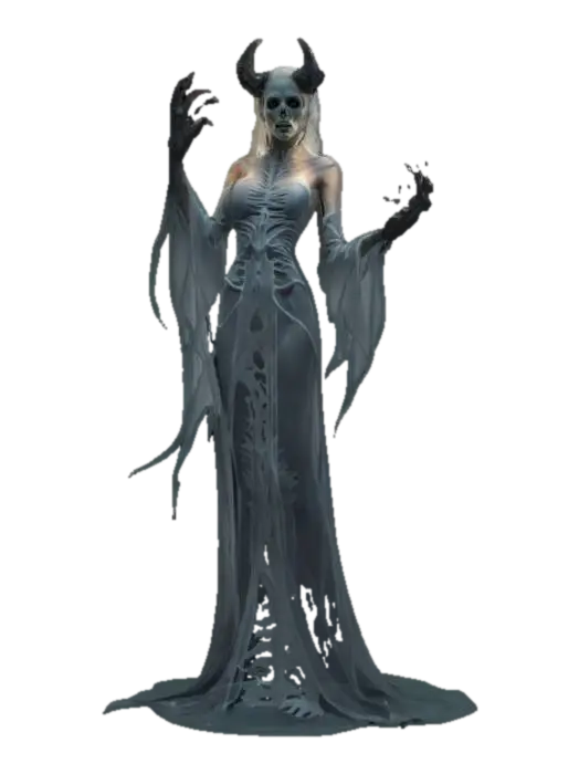 3D model for fantasy female silhouette ghost monster, graceful slender body, long bony hands ending in claws, dressed in elegant silhouette robe, detailed scary face, in attack, extremely detailed, high resolution texture, hyper-realistic, epic picture