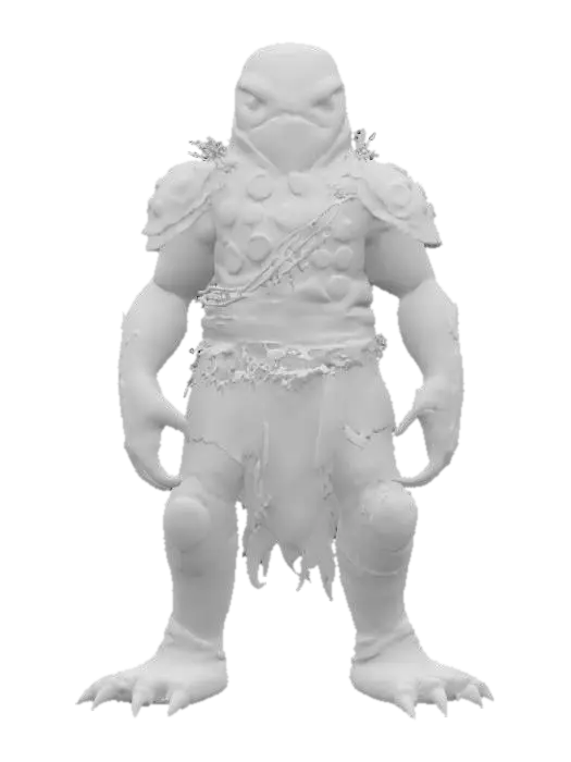 3D model for fantasy big humanoid slug swamp monster, massive stocky body covered with ferns and algae, slimy body surface, carapace armor on the back, dressed in a torn robe, detailed slug face with multiple eyes, extremely detailed, high sharp resolution texture, hyperrealistic, epic stance