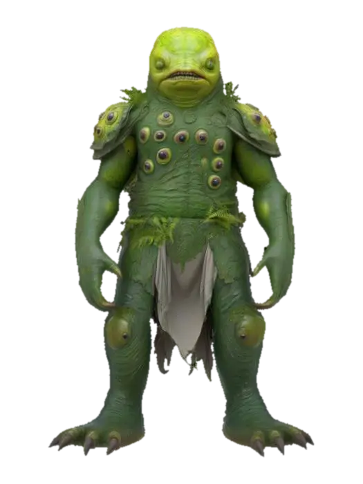 3D model for fantasy big humanoid slug swamp monster, massive stocky body covered with ferns and algae, slimy body surface, carapace armor on the back, dressed in a torn robe, detailed slug face with multiple eyes, extremely detailed, high sharp resolution texture, hyperrealistic, epic stance