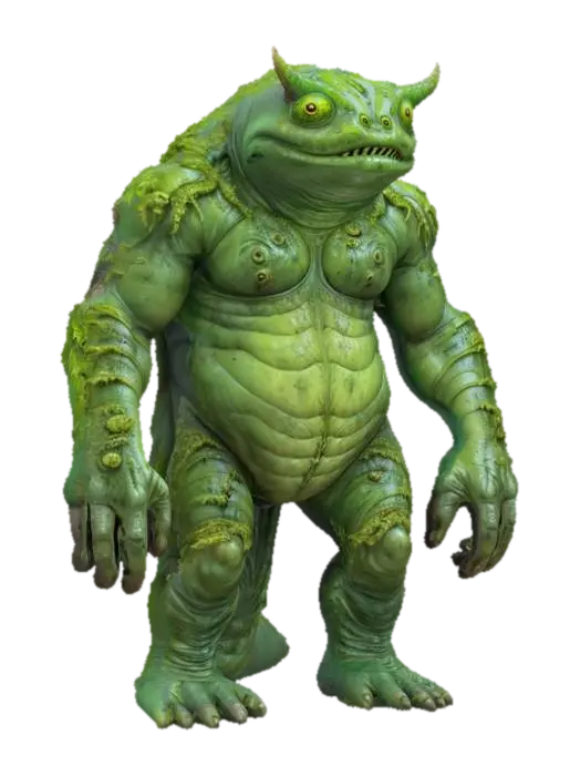 3D model for fantasy big humanoid slug swamp monster, massive stocky body covered with ferns and algae, slimy body surface, carapace armor on the back, dressed in a torn robe, detailed slug face with multiple eyes, extremely detailed, high sharp resolution texture, hyperrealistic, epic stance