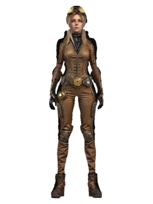 fantasy steampunk female technologist, arms around body or on hips or resting on… - Devices 3D model, vytvořený pomocí AI