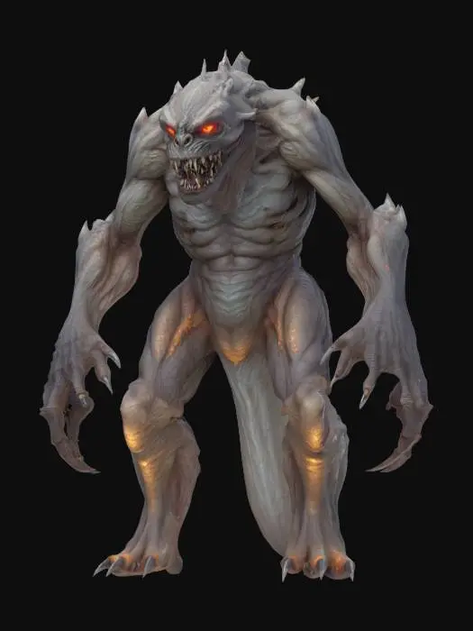 3D model for fantasy underground monstrous monster, tall massive body, several limbs allowing climbing and crawling, large detailed head and jaw full of fangs, several glowing eyes, extremely detailed, high sharp resolution texture, hyperrealistic, epic stance
