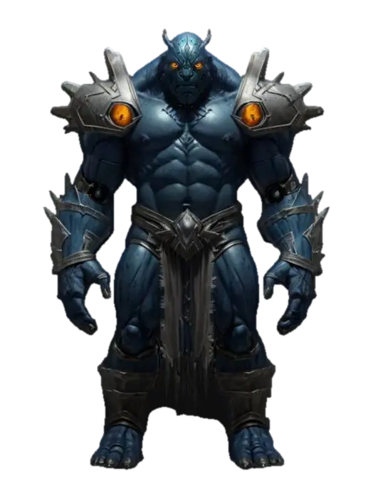 3D model for fantasy monstrous giant, stocky body with one glowing eye, broken armor shaped like a rock and ocelových plátů, detailed face, extremely detailed, high sharp resolution texture, hyperrealistic, epic stance
