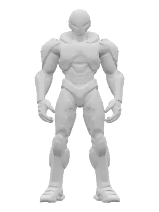 3D model for sci-fi cyborg killer, powerful body half robotic and half bioorganic, robotic parts glowing, body dressed in armor, detailed scary face, extremely detailed, high sharp resolution texture, epic stance