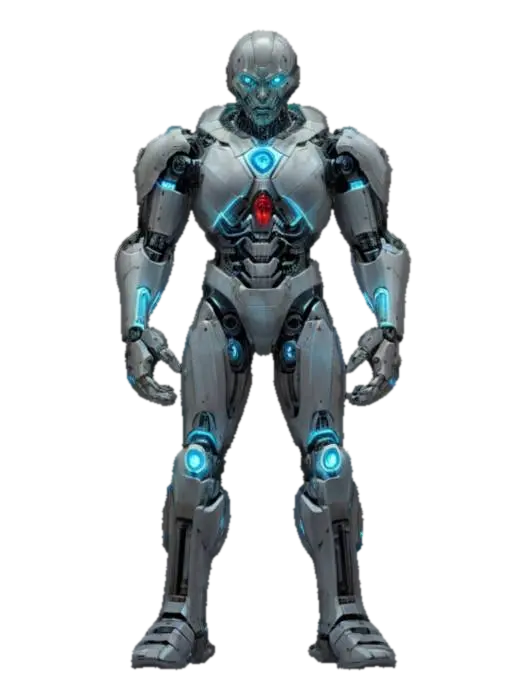 3D model for sci-fi cyborg killer, powerful body half robotic and half bioorganic, robotic parts glowing, body dressed in armor, detailed scary face, extremely detailed, high sharp resolution texture, epic stance