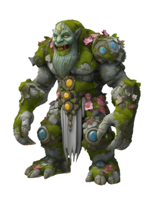 fantasy stone golem elemental, massive body covered in moss and flowers, extremely… - Symbols 3D model, vytvořený pomocí AI