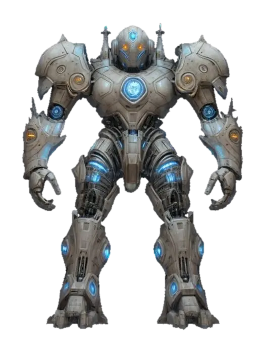 3D model for sci-fi cyber robotic golem in romanesque architecture, massive body like walls, extremely detailed, hyperrealistic texture, epic stance, #arch#