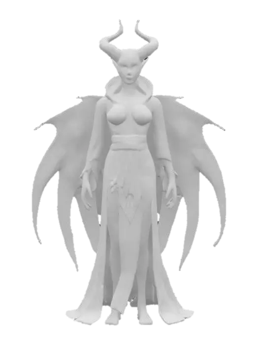3D model for sci-fi biopunk female demon, elegant body with glowing energy, body dressed in elegant robe, detailed handsome face, extremely detailed, hyperrealistic texture, epic stance