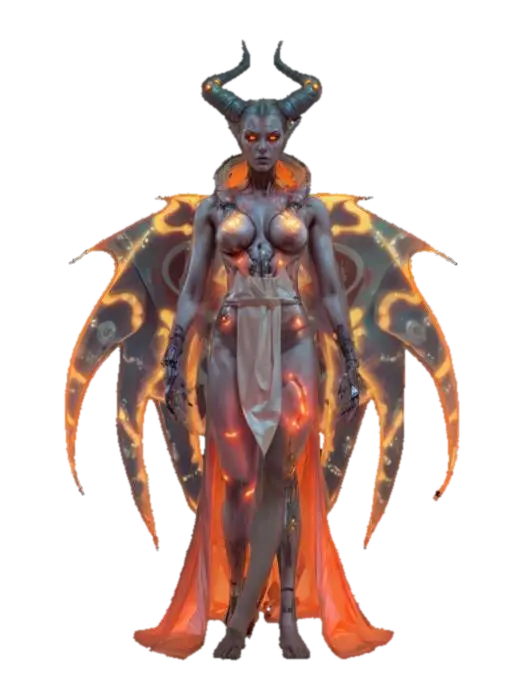 3D model for sci-fi biopunk female demon, elegant body with glowing energy, body dressed in elegant robe, detailed handsome face, extremely detailed, hyperrealistic texture, epic stance