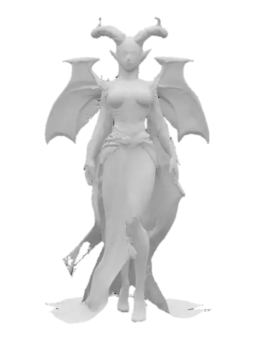 3D model for sci-fi biopunk female demon, elegant body with glowing energy, body dressed in elegant robe, detailed handsome face, extremely detailed, hyperrealistic texture, epic stance