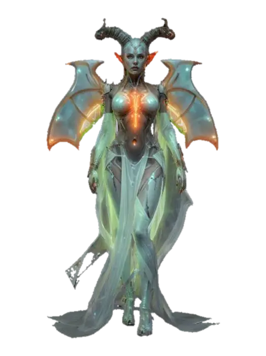 3D model for sci-fi biopunk female demon, elegant body with glowing energy, body dressed in elegant robe, detailed handsome face, extremely detailed, hyperrealistic texture, epic stance