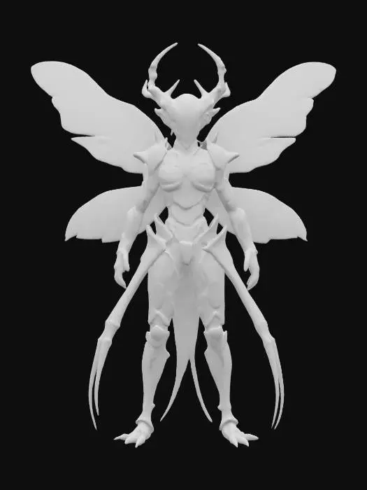 3D model for fanstasy insectoid queen with chitin armor and blade limbs, extremely detailed, hyperrealistic texture, epic stance