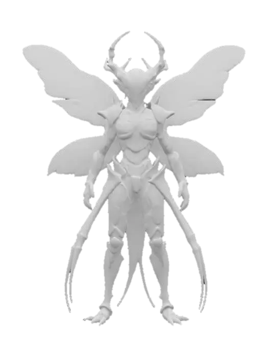 3D model for fanstasy insectoid queen with chitin armor and blade limbs, extremely detailed, hyperrealistic texture, epic stance