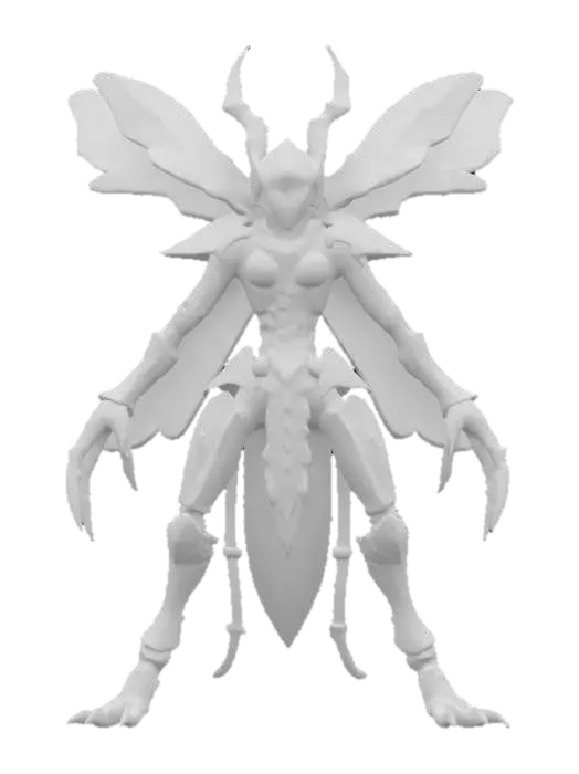 3D model for fanstasy insectoid queen with chitin armor and blade limbs, extremely detailed, hyperrealistic texture, epic stance
