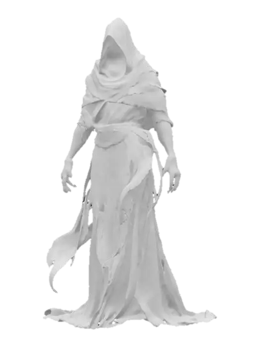 3D model for fantasy shadow wraith cloaked in darkness and whispering souls, extremely detailed, hyperrealistic texture, epic stance