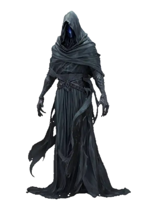 3D model for fantasy shadow wraith cloaked in darkness and whispering souls, extremely detailed, hyperrealistic texture, epic stance