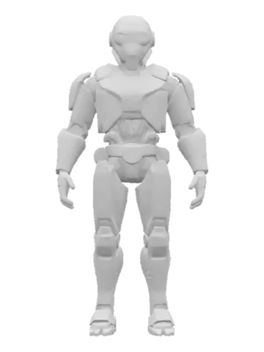 3D model for humanoid reconnaissance robot with sleek segmented armor, smooth helmet with glowing eyes, standing in neutral pose, sci-fi explorer style, slightly worn metal surface, extremely detailed, hyperrealistic, epis stance