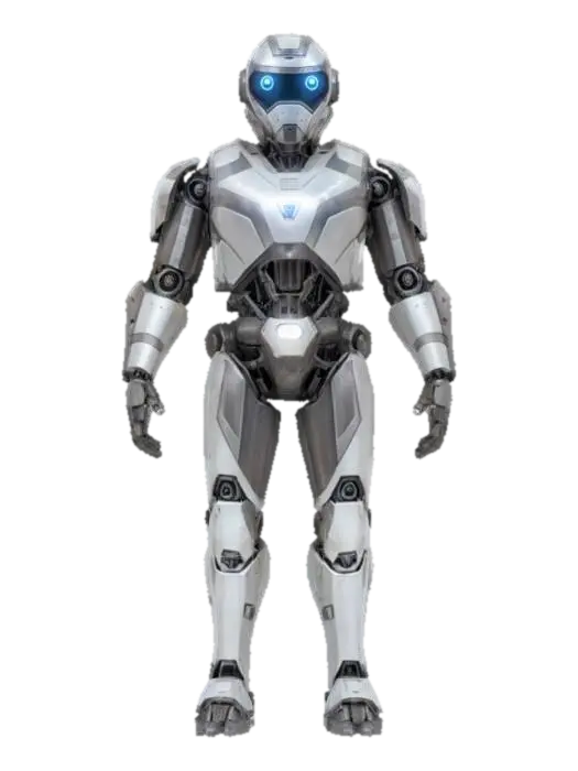 3D model for humanoid reconnaissance robot with sleek segmented armor, smooth helmet with glowing eyes, standing in neutral pose, sci-fi explorer style, slightly worn metal surface, extremely detailed, hyperrealistic, epis stance