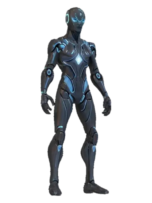 3D model for sci-fi entity from the distant future, humanoid-looking nanofield body floating above the ground, glossy body surface almost mirror-like in places, graceful rounded aerodynamic shapes, extremely detailed, hyperrealistic texture, epic stance