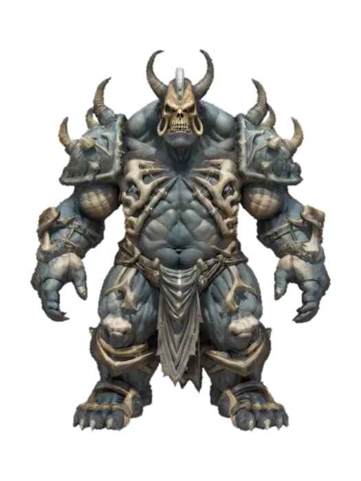 3D model for fantasy mysterious monstrous giant, stocky muscular body, armor made of bones on the body, detailed menacing face, extremely detailed high resolution texture, ultrarealistic, epic stance