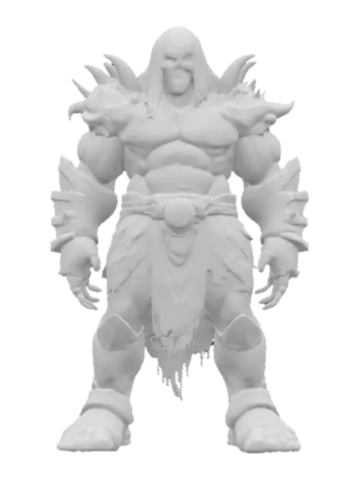 3D model for fantasy mysterious monstrous giant, stocky muscular body, armor made of bones on the body, detailed menacing face, extremely detailed high resolution texture, ultrarealistic, epic stance