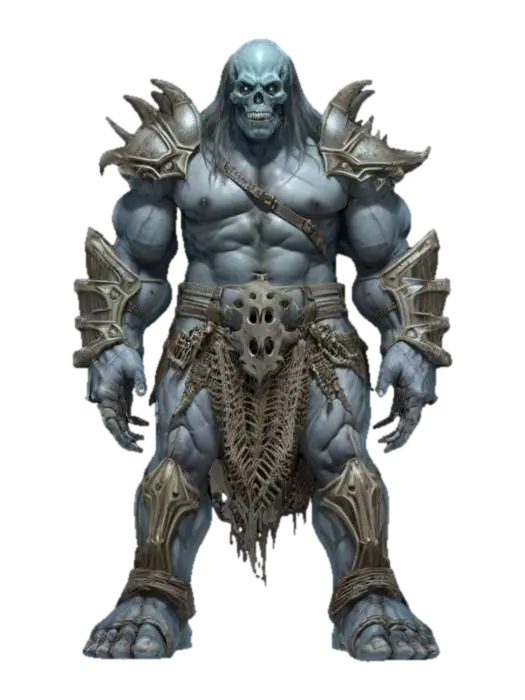 3D model for fantasy mysterious monstrous giant, stocky muscular body, armor made of bones on the body, detailed menacing face, extremely detailed high resolution texture, ultrarealistic, epic stance