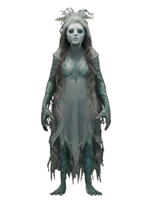 A veiled dweller of the twilight reef. Her face is never seen—only a porcelain… 3D model, vytvořený pomocí AI