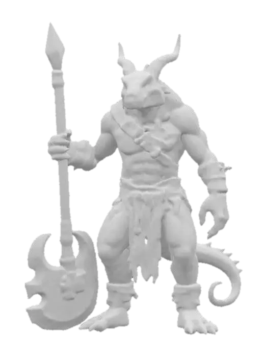 3D model for extremely detailed dragon lizard headed orc bodied warrior in a crouched position, he is in leather clothing with axe