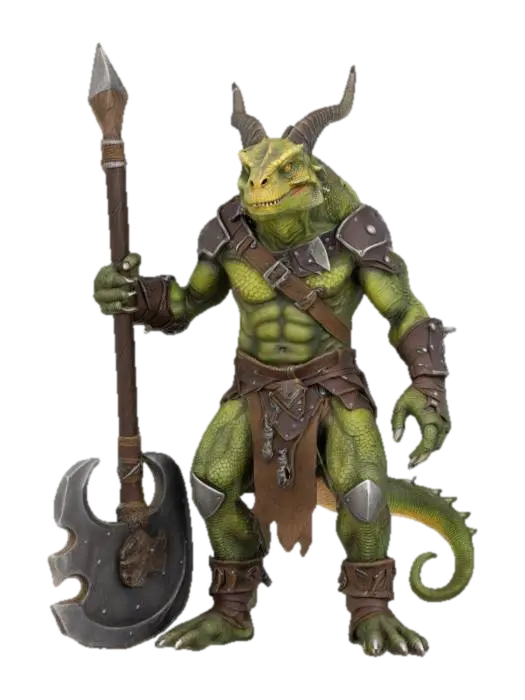 3D model for extremely detailed dragon lizard headed orc bodied warrior in a crouched position, he is in leather clothing with axe