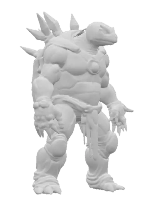 3D model for sci-fi humanoid stone electronic turtle, massive body with electronic crystals, massive paws ending in claws, head covered with a stone shield, energy light shining through the stone plates, extremely detailed, high resolution texture, epic stance, #PBR#