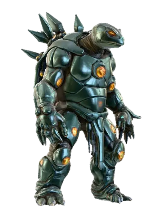 3D model for sci-fi humanoid stone electronic turtle, massive body with electronic crystals, massive paws ending in claws, head covered with a stone shield, energy light shining through the stone plates, extremely detailed, high resolution texture, epic stance, #PBR#