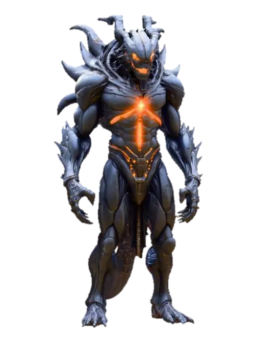 Ancient alien titan; towering, hulking posture; body made of cracked obsidian-like… - Draconic 3D model, vytvořený pomocí AI