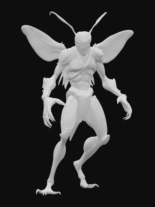 3D model for insectoid warrior; humanoid body fused with chitin and organic armor plates; large translucent veined wings extend from its back; elongated limbs with sharp clawed hands and feet; head insect-like with large glowing orange compound eyes and long antennae; posture aggressive and hovering in mid-air; surface dark green with bronze highlights and weathered texture; mysterious and menacing aura; extremely detailed, high resolution texture, epic stance, #PBR#