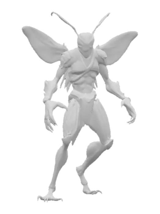 3D model for insectoid warrior; humanoid body fused with chitin and organic armor plates; large translucent veined wings extend from its back; elongated limbs with sharp clawed hands and feet; head insect-like with large glowing orange compound eyes and long antennae; posture aggressive and hovering in mid-air; surface dark green with bronze highlights and weathered texture; mysterious and menacing aura; extremely detailed, high resolution texture, epic stance, #PBR#