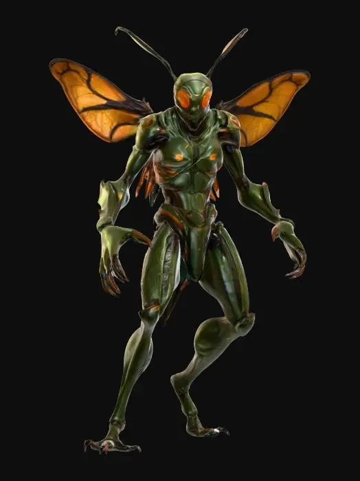 3D model for insectoid warrior; humanoid body fused with chitin and organic armor plates; large translucent veined wings extend from its back; elongated limbs with sharp clawed hands and feet; head insect-like with large glowing orange compound eyes and long antennae; posture aggressive and hovering in mid-air; surface dark green with bronze highlights and weathered texture; mysterious and menacing aura; extremely detailed, high resolution texture, epic stance, #PBR#