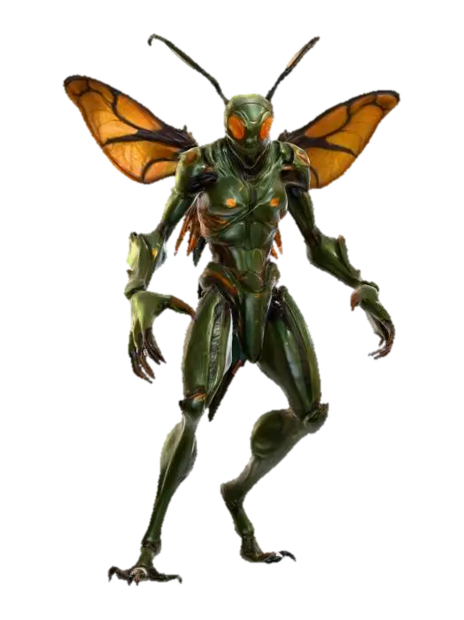 3D model for insectoid warrior; humanoid body fused with chitin and organic armor plates; large translucent veined wings extend from its back; elongated limbs with sharp clawed hands and feet; head insect-like with large glowing orange compound eyes and long antennae; posture aggressive and hovering in mid-air; surface dark green with bronze highlights and weathered texture; mysterious and menacing aura; extremely detailed, high resolution texture, epic stance, #PBR#