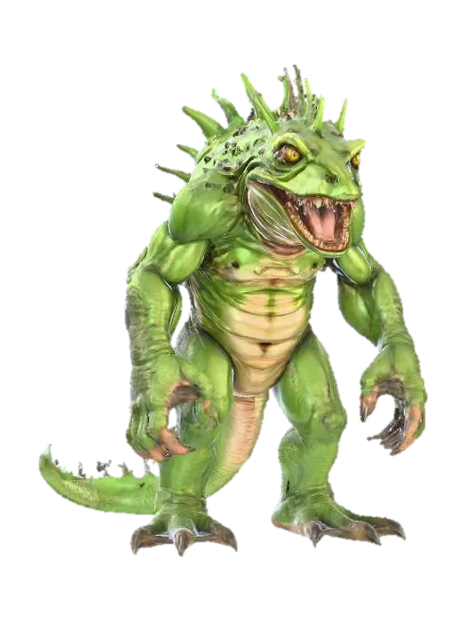 amphibious humanoid monster; squat muscular body with green spiked skin; wide toothy… - Clawed 3D model, vytvořený pomocí AI