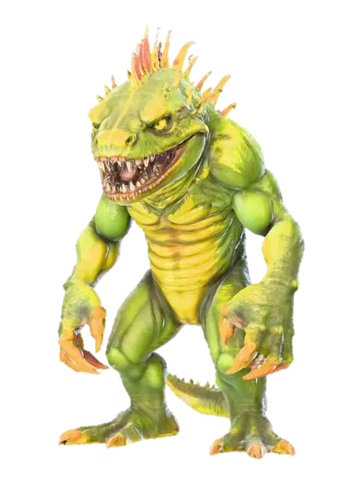 amphibious humanoid monster; squat muscular body with green spiked skin; wide toothy… - Clawed 3D model, vytvořený pomocí AI