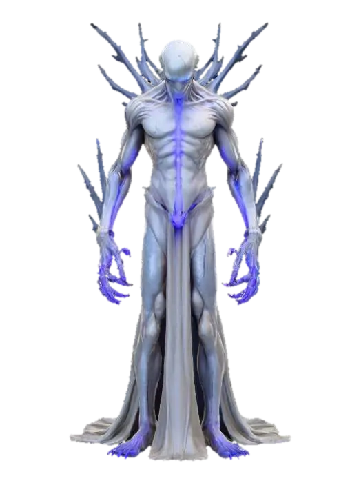 eerie creature; towering slender humanoid standing unnaturally tall; skin pale gray… - Ghostly 3D model, vytvořený pomocí AI