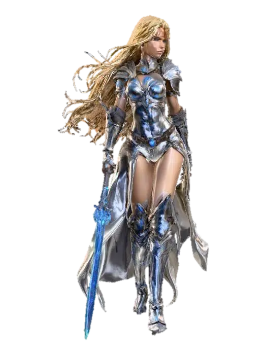 fantasy heroine female warrior, elegant muscular body, light armor covered with… - Blonde 3D model, vytvořený pomocí AI