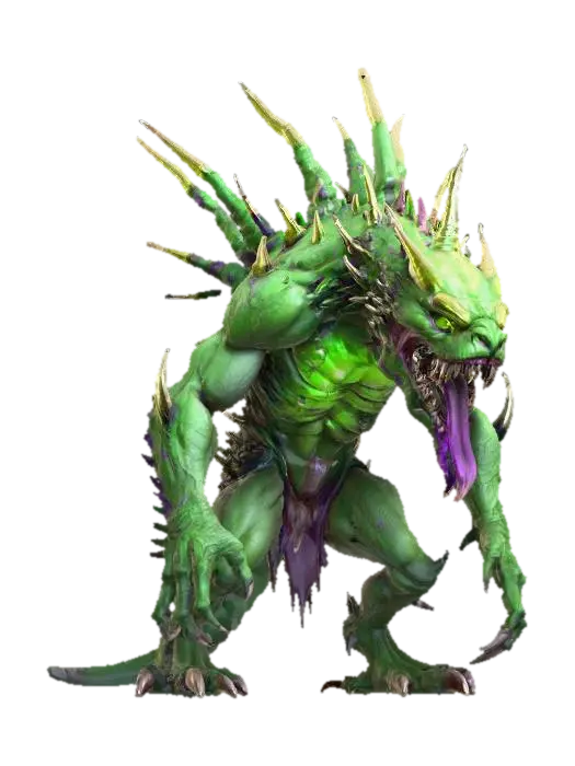 feral beast; crouched monstrous creature with rough cracked hide like dried… - Aggressive 3D model, vytvořený pomocí AI