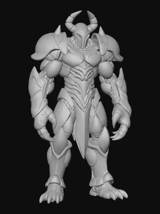 3D model for crab warrior humanoid; tall armored figure with body encased in crab-like chitin plates; exoskeleton smooth yet ridged, colored deep violet-blue with black accents; helmet shaped like a crab’s carapace, mandible-like edges framing the face; arms powerful, one ending in a massive claw-like gauntlet, the other wielding a chitinous blade; legs armored, jointed and clawed, adapted for both land and water combat; back adorned with spiny ridges and barnacle-like textures; aura warlike, alien and intimidating; extremely detailed, high resolution texture, epic stance; color scheme violet-blue with black highlights