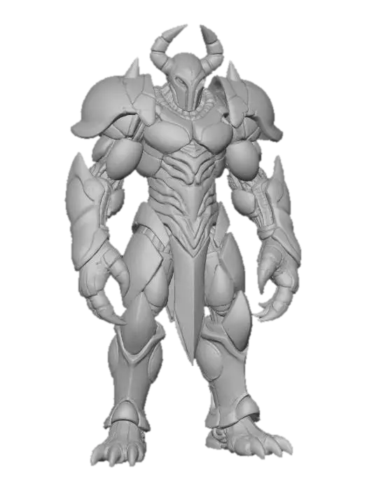 3D model for crab warrior humanoid; tall armored figure with body encased in crab-like chitin plates; exoskeleton smooth yet ridged, colored deep violet-blue with black accents; helmet shaped like a crab’s carapace, mandible-like edges framing the face; arms powerful, one ending in a massive claw-like gauntlet, the other wielding a chitinous blade; legs armored, jointed and clawed, adapted for both land and water combat; back adorned with spiny ridges and barnacle-like textures; aura warlike, alien and intimidating; extremely detailed, high resolution texture, epic stance; color scheme violet-blue with black highlights
