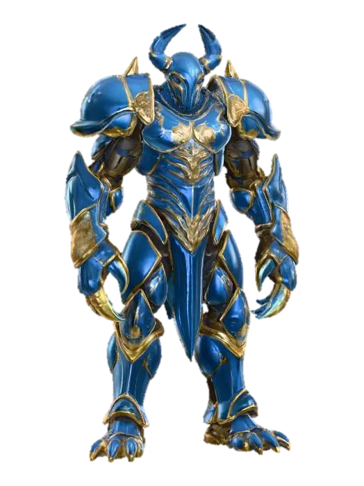 3D model for crab warrior humanoid; tall armored figure with body encased in crab-like chitin plates; exoskeleton smooth yet ridged, colored deep violet-blue with black accents; helmet shaped like a crab’s carapace, mandible-like edges framing the face; arms powerful, one ending in a massive claw-like gauntlet, the other wielding a chitinous blade; legs armored, jointed and clawed, adapted for both land and water combat; back adorned with spiny ridges and barnacle-like textures; aura warlike, alien and intimidating; extremely detailed, high resolution texture, epic stance; color scheme violet-blue with black highlights