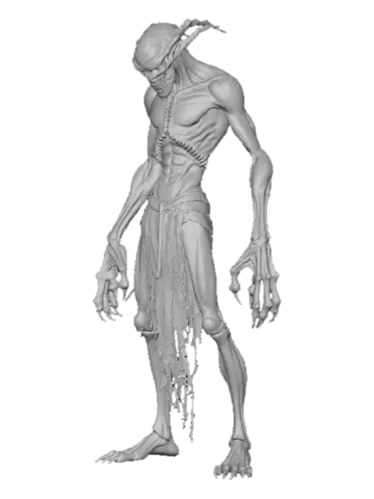 3D model for twisted shadow lord; tall crooked humanoid with distorted proportions, long limbs and hunched spine; skin pale gray with faint glowing crimson cracks across its surface; head elongated and obscured by shadow, with a faintly glowing slit where eyes should be; arms ending in long clawed fingers bending unnaturally; legs digitigrade with taloned feet barely touching the ground; remnants of dark tattered fabric flow around its form like drifting smoke; aura eerie, otherworldly and commanding; extremely detailed, high resolution texture, epic stance; color scheme gray, black, crimson glow; #villain#