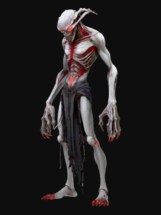 3D model for twisted shadow lord; tall crooked humanoid with distorted proportions, long limbs and hunched spine; skin pale gray with faint glowing crimson cracks across its surface; head elongated and obscured by shadow, with a faintly glowing slit where eyes should be; arms ending in long clawed fingers bending unnaturally; legs digitigrade with taloned feet barely touching the ground; remnants of dark tattered fabric flow around its form like drifting smoke; aura eerie, otherworldly and commanding; extremely detailed, high resolution texture, epic stance; color scheme gray, black, crimson glow; #villain#