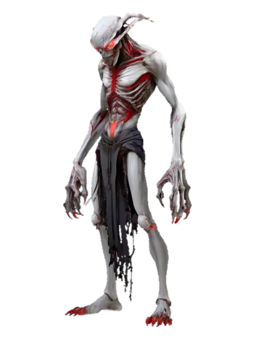 3D model for twisted shadow lord; tall crooked humanoid with distorted proportions, long limbs and hunched spine; skin pale gray with faint glowing crimson cracks across its surface; head elongated and obscured by shadow, with a faintly glowing slit where eyes should be; arms ending in long clawed fingers bending unnaturally; legs digitigrade with taloned feet barely touching the ground; remnants of dark tattered fabric flow around its form like drifting smoke; aura eerie, otherworldly and commanding; extremely detailed, high resolution texture, epic stance; color scheme gray, black, crimson glow; #villain#