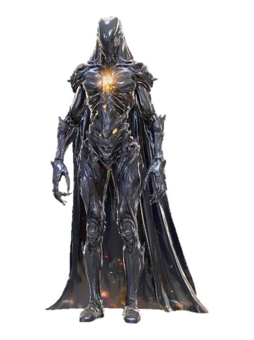 void overlord; towering humanoid figure fused with alien technology, body… - Gauntlets 3D model, vytvořený pomocí AI