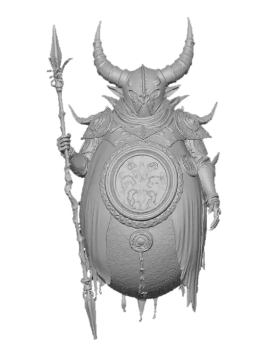 3D model for fantasy egg-shaped mage, floating slightly above the ground, ornate runic shell covered in glowing symbols, tiny mechanical arms holding a staff, faint magical aura surrounding the shell, glowing eyes carved into the surface, hovering cloth fragments like a robe or cape, elegant and mysterious atmosphere, extremely detailed, cinematic lighting, #villain#,